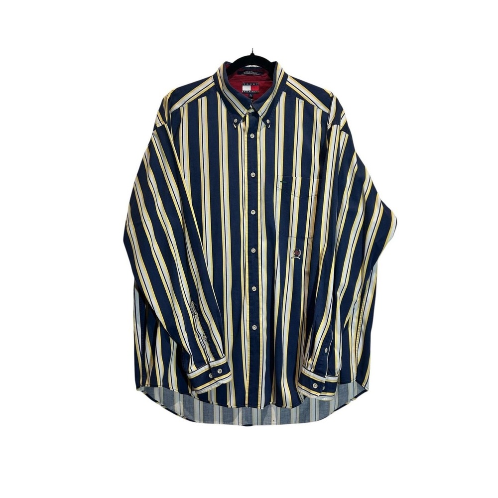 Vintage Tommy‎ Hilfiger Shirt Mens L Stripe Button Down Navy Yellow 90s Y2K Prep